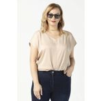 Moda Berray 3203 Vizon Saten V Yaka Kısa Kollu Büyük Beden Şık Kadın Bluz