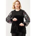 Moda Berray 3232 Siyah Kadife Kolu Disko Payetli Büyük Beden Kadın Bluz