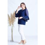 Moda Berray 4043 Lacivert Kolları Volanlı Esnek Şık Taşlı Büyük Beden Kadın Bluz
