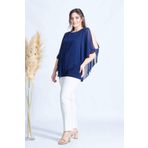 Moda Berray 4050 Lacivert Taşlı Pelerinli Şifon Büyük Beden Şık Kadın Bluz