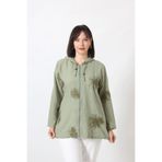 Moda Berray B-0158 KOLU APOLETLİ GOLD SİMLİ İŞLEMELİ DESENLİ KETEN KADIN BÜYÜK BEDEN MİNT YEŞİLİ GÖMLEK