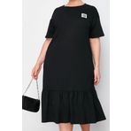 Moda Bisiklet Yaka Midi Boy Büyük Beden Büzgü ve Etiket Detaylı %100 Pamuk Örme T-shirt Elbise