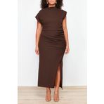 Moda Büyük Beden Abiye Krep Örme Dik Yaka Kolsuz Kol Bodycone Midi Boy Büyük Beden Elbise