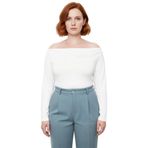 Moda Büyük Beden Carmen Yaka Örme Fit Düz Desen Casual Günlük Regular Uzun Kol Bluz_Ekru-2XL