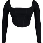 Moda Büyük Beden Kare Yaka Örme Fit Düz Desen Casual Günlük Crop Uzun Kol Bluz