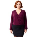 Moda Büyük Beden Kruvaze Örme Regular Düz Desen Casual Günlük Regular Uzun Kol Bluz_Mor-5XL