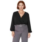 Moda Büyük Beden Kruvaze Örme Regular Düz Desen Casual Günlük Regular Uzun Kol Bluz_Siyah-5XL