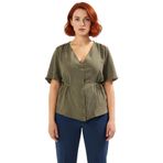 Moda Büyük Beden V Yaka Dokuma Regular Düz Desen Casual Günlük Regular Kısa Kol Bluz_Haki-52