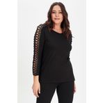 Moda Cazibe Kadın Siyah Büyük Beden Üstü Güpür Uzun Kol Bluz