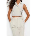 Moda Ceket Yaka Dokuma Fit Düz Desen Şık gece Crop Kolsuz Bluz