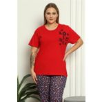 Moda Çizgi 202144 Kırmızı %100 Pamuk Kısa Kol Büyük Beden Kadın Pijama Takımı