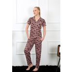 Moda Çizgi 2844 Kahve Önden Düğmeli Kısa Kol Kadın Pijama Takımı