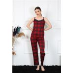 Moda Çizgi 4135 Bordo İp Askılı Kırmızı Ekoseli Kadın Pijama Takımı