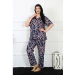 Moda Çizgi 75008 Lacivert Büyük Beden Kısa Kol Kadın Pijama Takımı