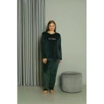 Moda Çizgi Büyük Beden Kadın Kadife Yeşil Pijama Takım 20628