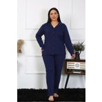 Moda Çizgi Kadın Büyük Beden Pamuklu Cepli Düğmeli Lacivert Pijama Takım 202401