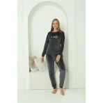 Moda Çizgi Kadın Kadife Füme Pijama Takım 20624