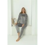 Moda Çizgi Kadın Kadife Gri Pijama Takım 20624