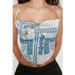 Moda Degaje Yaka Dokuma Fit Şal Desen Desen Casual Günlük Crop Askılı Kol Bluz