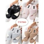 Moda Devrin 3'lü Paket Kadın Kışlık Dikişli Taban Çinçila Peluş Kumaş Burgu Terlik Ev Terliği Rahat Kullanım - Çok Renkli