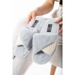 Moda Devrin Gri Kışlık Dikişli Taban Kadın Burgu Terlik Peluş Kumaş Sessiz Taban Ev Kullanımı