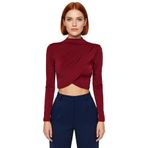 Moda Dik Yaka Örme Slim Düz Desen Şık gece Crop Uzun Kol Bluz_Bordo-XS