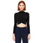 Moda Dik Yaka Örme Slim Düz Desen Şık gece Crop Uzun Kol Bluz_Siyah-XL