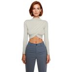 Moda Dik Yaka Örme Slim Düz Desen Şık gece Crop Uzun Kol Bluz_Taş-XL