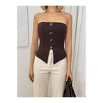 MODA DURAĞI KADIN STRAPLEZ DÜĞME DETAYLI CROP BLUZ Kahverengi