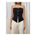 MODA DURAĞI KADIN STRAPLEZ DÜĞME DETAYLI CROP BLUZ Siyah