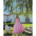 Moda Durağı Kaliteli Premium Kadın Eteği Tül Detaylı Askılı Midi Boy Abiye Premium Elbise Pembe - XL