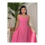 MODA DURAĞI Kare Yaka Askılı Kloş Uzun Elbise PEMBE