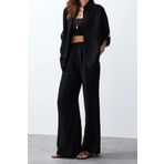 Moda Düz Gömlek Yaka Casual Günlük Siyah Gömlek Pantolon Apoletli Dokuma Alt-Üst Takım