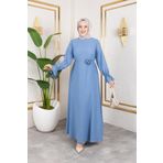 Moda Ebva Kol Büzgülü Gül Detaylı Elbise-5030 Bebe mavisi