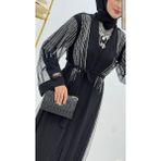 Moda Eliz Iç Elbise ve Taş Detaylı Tül Abaya Kadın Ikili Takım - Siyah - 1