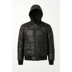 Moda Erkek Siyah Gerçek Deri Kapüşonlu Mont – Bomber Model - 6XL