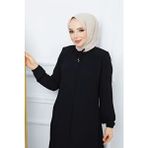Moda Esre Fashion Tesettür Giyim Krep Kumaş Siyah Ferace Yaka Bağcıklı Düz Desenli İnce Viskon Karışımlı - 40