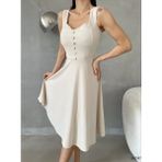 Moda Feminen Askılı Kalp Yaka Midi Boy Krep Kumaş Abiye Elbise 582187 Bej
