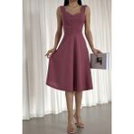 Moda Feminen Askılı Kalp Yaka Midi Boy Krep Kumaş Abiye Elbise 582187 Gulkurusu - Gülkurusu