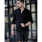 Moda Fine Erkek Siyah Hakim Yaka Keten Slim Fit Gömlek - 2XL