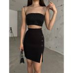 Moda Fine Kadın Yandan Yırtmaçlı Düğme Detaylı Krep Kumaş Likralı Mini Etek - 012-Siyah