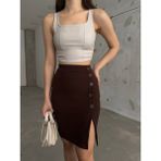 Moda Fine Kadın Yandan Yırtmaçlı Düğme Detaylı Krep Kumaş Likralı Mini Etek - S - Acı Kahve