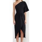 Moda Fit Mezuniyet Balo Finike Dokuma Asimetrik Yaka Kısa Kol Anvelop Midi Boy Elbise