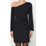 Moda Fit Mezuniyet Balo Finike Dokuma Asimetrik Yaka Uzun Kol Bodycone Mini Boy Elbise