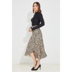 Moda Gerçek Leopar Desenli Fırfırlı Etek M - Kahve - Leopar