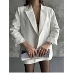 Moda İkra Kadın Beyaz Astarlı Blazer Ceket Uzun Kol Oversize Dokuma Kol Içi Çizgili Detaylı