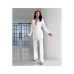 Moda İkra Kadın Beyaz Kuşaklı Blazer Ceket ve Bol Paça Pantolon Takım