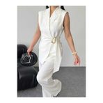 Moda İkra Kadın Blazer Yelek ve Pantalon Takım Beline bağlanmış geniş bir kumaş kemerle