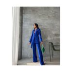 Moda İkra Kadın Mavi Kuşaklı Blazer Ceket ve Bol Paça Pantolon Takım
