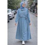 Moda Kadın Açık Mavi Kot Elbise 140 cm | Kuşaklı Kruvaze Yaka Uzun Kollu Tesettür Günlük Jean Elbise - 38